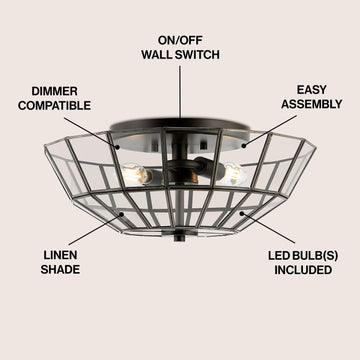 Theo 15.5" Farmhouse Rustic Iron/Glass LED Semi Flush Mount - JONATHAN Y